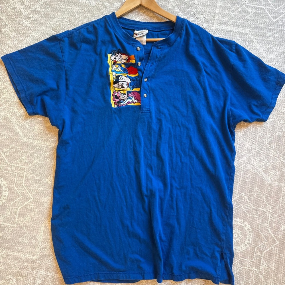 Vintage Walt Disney World Store Henley Top Women Blue Mickey Minnie Embroidered